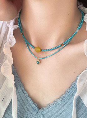 爱心吊坠石头串珠毛衣项链