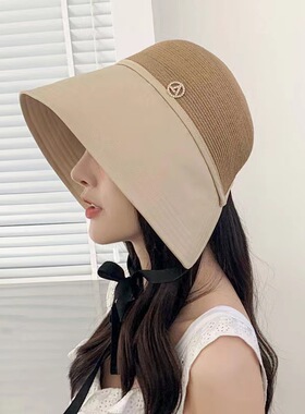 日系女士百搭防晒草帽渔夫帽口袋巾出游遮阳圆顶大檐遮脸水桶