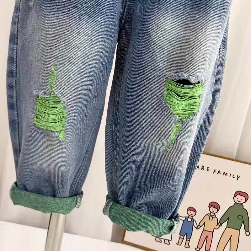绿色破洞牛仔裤网红潮流新款童装儿童裤子男童女童休闲裤春秋长裤,淘宝优惠券,粉丝福利购,淘宝优惠卷