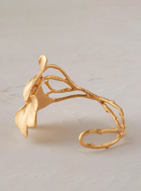 高端氛围感 精致饱满黄铜镀金色树叶子手镯女可调节时尚气质饰品