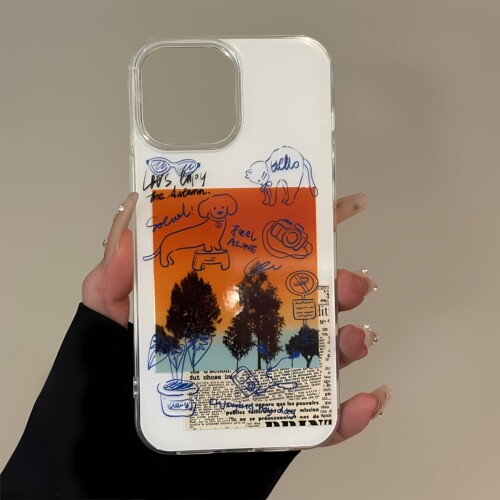 ins插画涂鸦线条适用于苹果17promax双层IMD手机壳iPhone16可爱小众保护套新款潮流红米k创意ins风华为mate70 - 图0