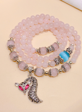 新中式复古粉色水晶多圈手链女