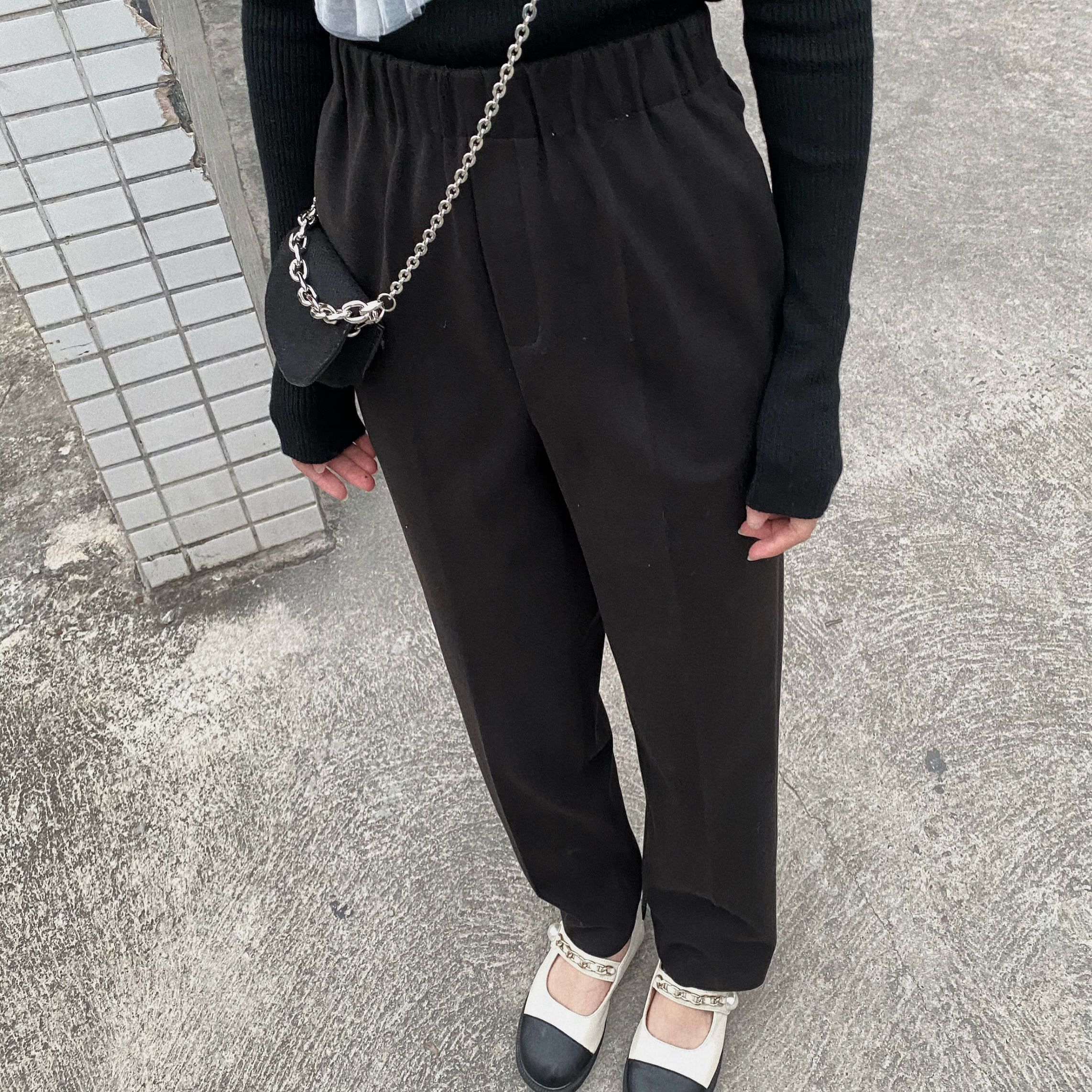 at ease自在小个子松紧腰毛呢直筒长裤女显瘦宽松休闲九分裤子 - 图3