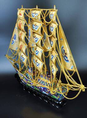 船模型摆件一帆风顺帆船摆件景泰蓝帆船一帆风顺手工铜胎掐丝珐琅