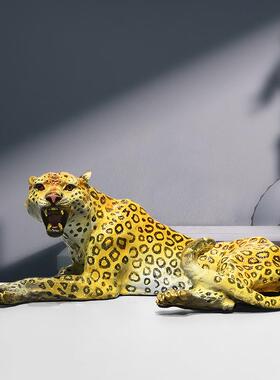 全铜金钱豹子新中式办公桌家居客厅玄关电视柜装饰摆件黄铜工艺品