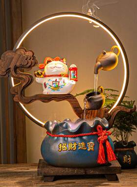 创意招财猫流水器鱼缸发财摆件高档礼品吧台办公室玄关开业送礼