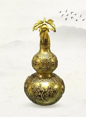 黄铜招财四季平安葫芦摆件青铜带叶葫芦手工带盖铜葫芦