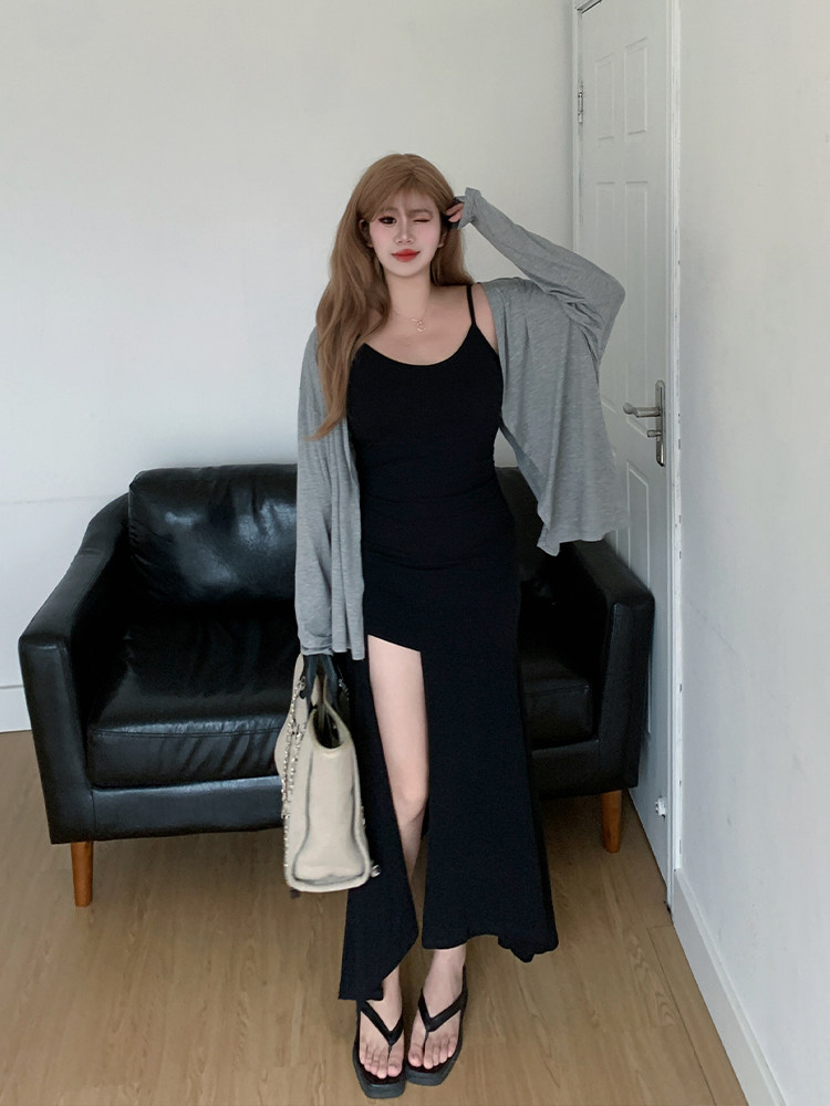 阿Yo姐姐大码辣妹小众设计感高开叉鱼尾吊带裙胖mm性感连衣裙开衫