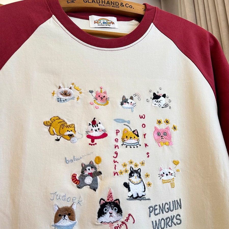 美式复古vintage可爱猫咪重工刺绣插肩拼色纯棉休闲男女情侣T恤潮,淘宝优惠券,粉丝福利购,淘宝优惠卷