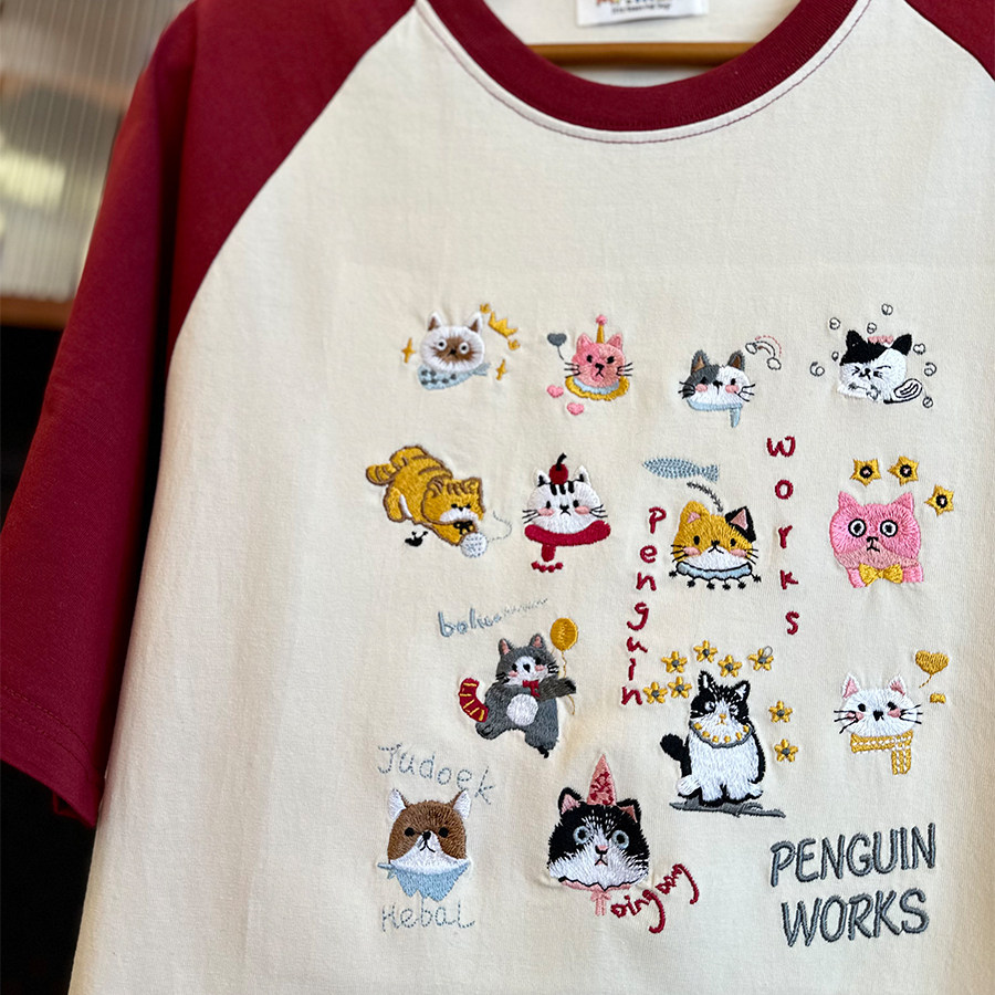 美式复古vintage可爱猫咪重工刺绣插肩拼色纯棉休闲男女情侣T恤潮,淘宝优惠券,粉丝福利购,淘宝优惠卷