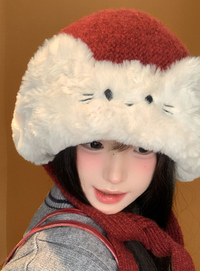 可爱猫咪红色针织毛绒帽子
