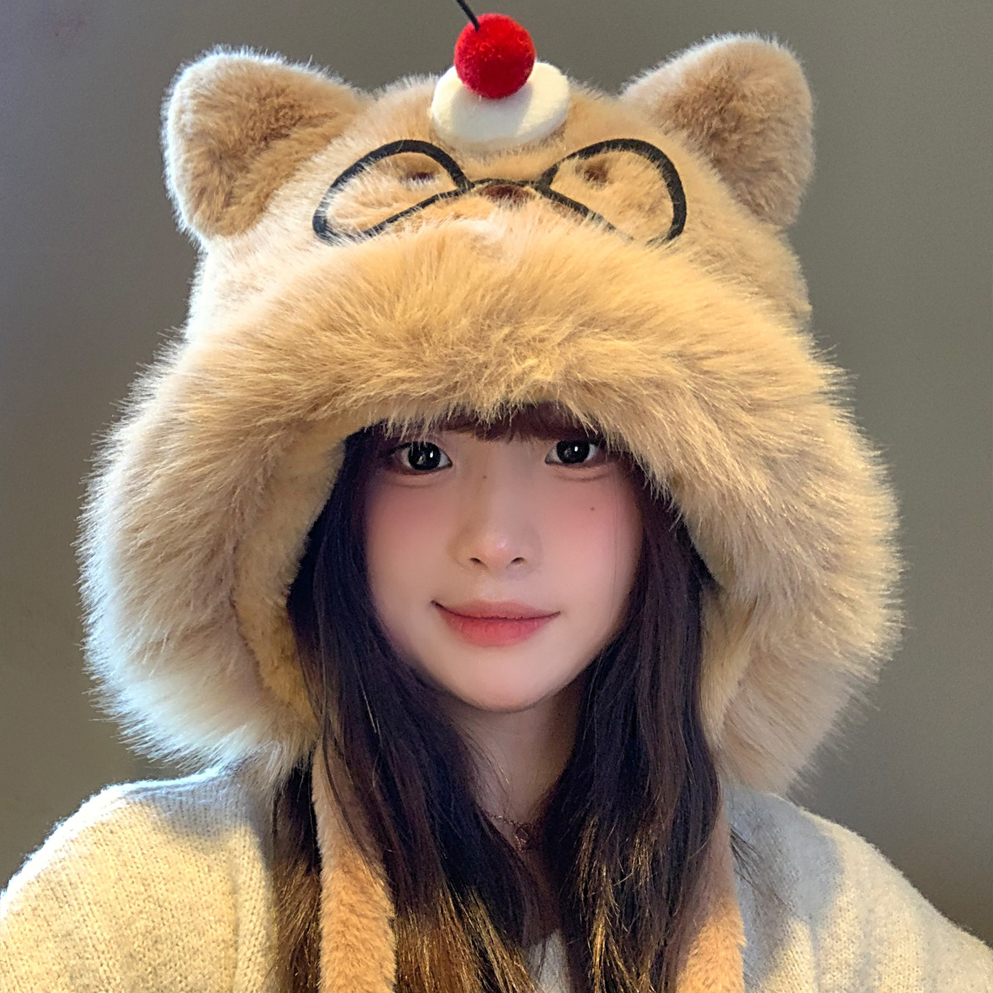 可爱蛋糕眼镜小熊毛绒帽子女秋冬加绒加厚保暖骑车防寒护耳雷锋帽