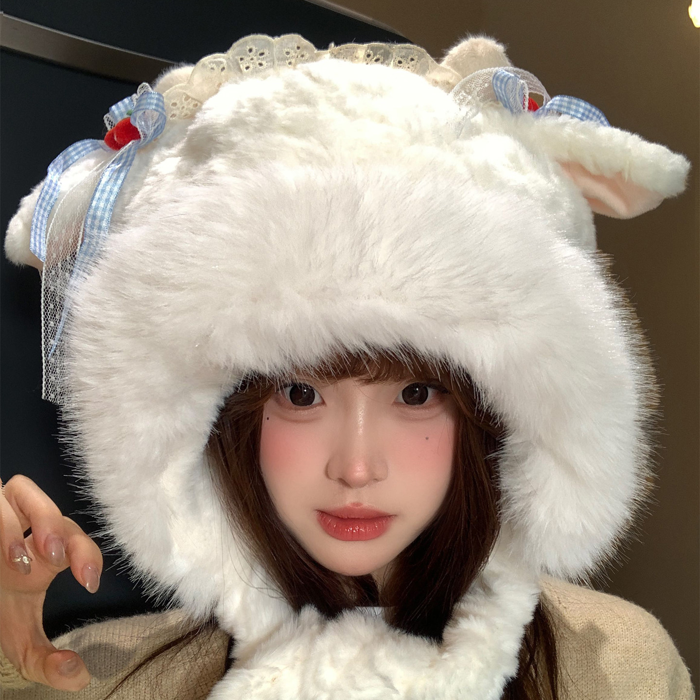 可爱小羊耳朵会动毛绒帽子女冬季加绒加厚骑行保暖甜美护耳雷锋帽,淘宝优惠券,粉丝福利购,淘宝优惠卷