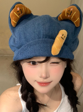 可爱立体猫耳牛角包牛仔贝雷帽