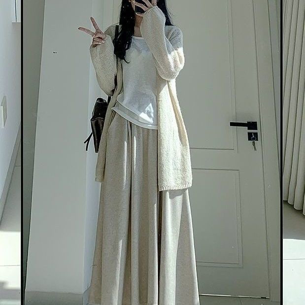 灰色糯米裙女秋冬季2025新款高腰a字伞裙中长款针织加绒半身裙子 - 图2