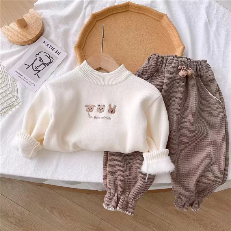 儿童秋冬一体绒加厚毛衣男女童保暖套头冬季半高领针织打底衫上衣 - 图1