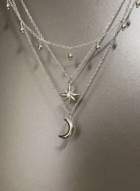 Vintage古着 Silver light hanging night欧美风月亮星星吊坠项链