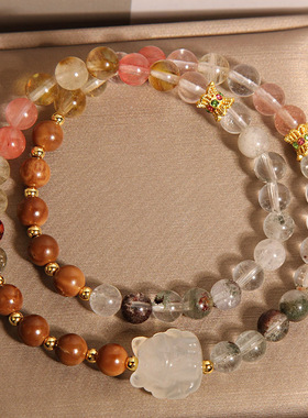 新中式绿幽灵库克多宝水晶双圈手链女轻奢小众叠戴玉髓九尾狐手串