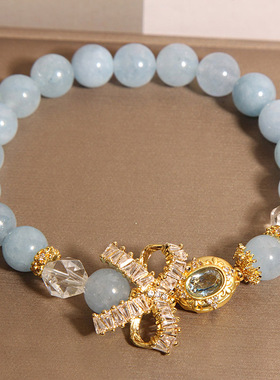 天然海蓝宝水晶手链女轻奢小众精致高级感锆石蝴蝶结水晶手串手环