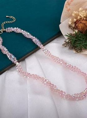 潮流in爆裂水晶珍珠项链挂绳串珠锁骨链挂件配饰黑色粉色水晶项链