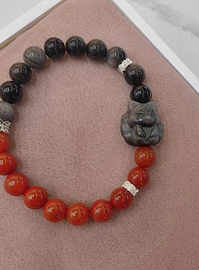 纯天然黑曜石黑发晶金曜石手链复古风小众