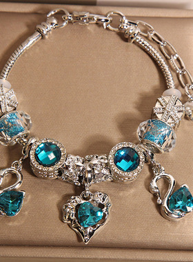 新中式蓝色琉璃珠爱心手链女轻奢小众高级感气质百搭天鹅手串手环