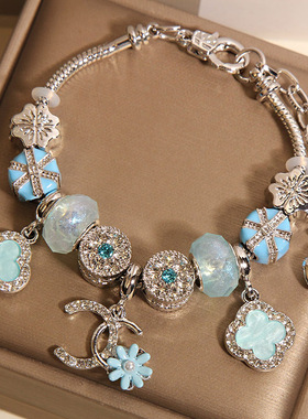 新中式蓝色琉璃珠手链女款轻奢小众高级感气质百搭四叶草吊坠手串