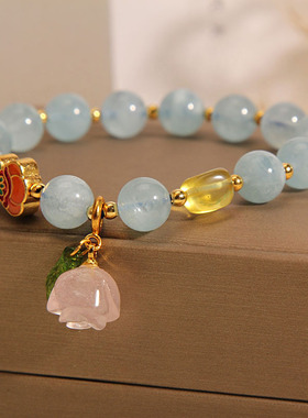 海蓝宝水晶手链女粉晶花朵手串