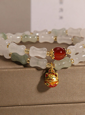 金丝玉双圈竹节手链女招财猫手串