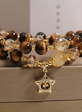 天然虎眼石双圈手链女轻奢小众招财转运金发晶手串送女友闺蜜礼物