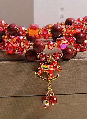 2026马年本命年红色水晶手链多层合香珠手串马上有钱招财转运手饰
