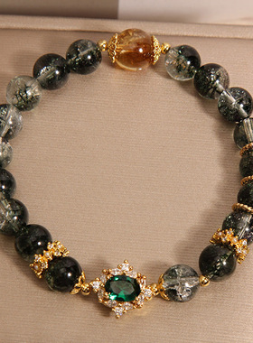 绿幽灵爆花晶绿水晶金发晶手链女