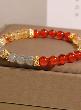 天然黄塔晶月光石手链女款轻奢小众招财转运红玛瑙手串送闺蜜礼物