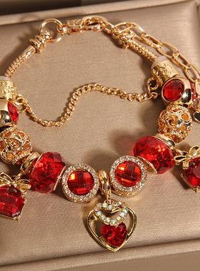 新中式红色琉璃珠潘家手链女轻奢小众精致高级感爱心吊坠手串手环