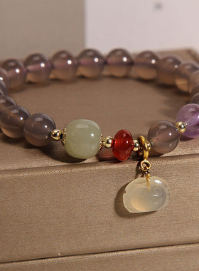 灰玛瑙手链女和田玉手串送闺蜜