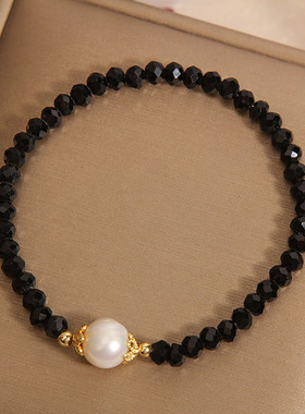 黑色水晶珍珠手链女小众轻奢手串