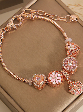 潘家玫瑰金花朵爱心diy串珠手串