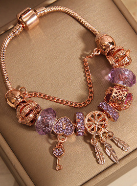 紫色水晶手镯女爱心锁捕梦网手链