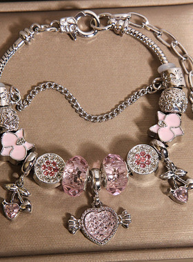 新款ins风手链高颜值粉色琉璃珠手串天使爱心吊坠手镯少女心手环