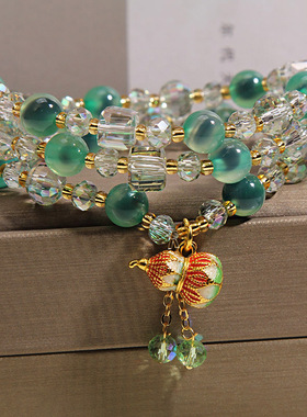 天然绿色糖心玛瑙多层手链女轻奢小众高级感葫芦吊坠招财水晶手串