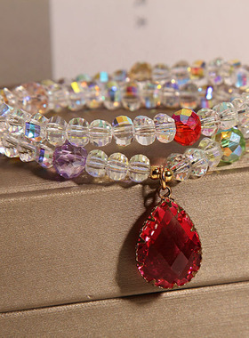 小清新白色双圈水晶水滴手链女夏