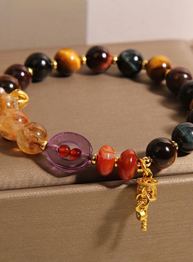 天然水晶手链女轻奢小众精致黄塔晶多宝玛瑙虎眼石手串送闺蜜礼物