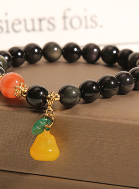 天然黑曜石水晶手链葫芦吊坠手串