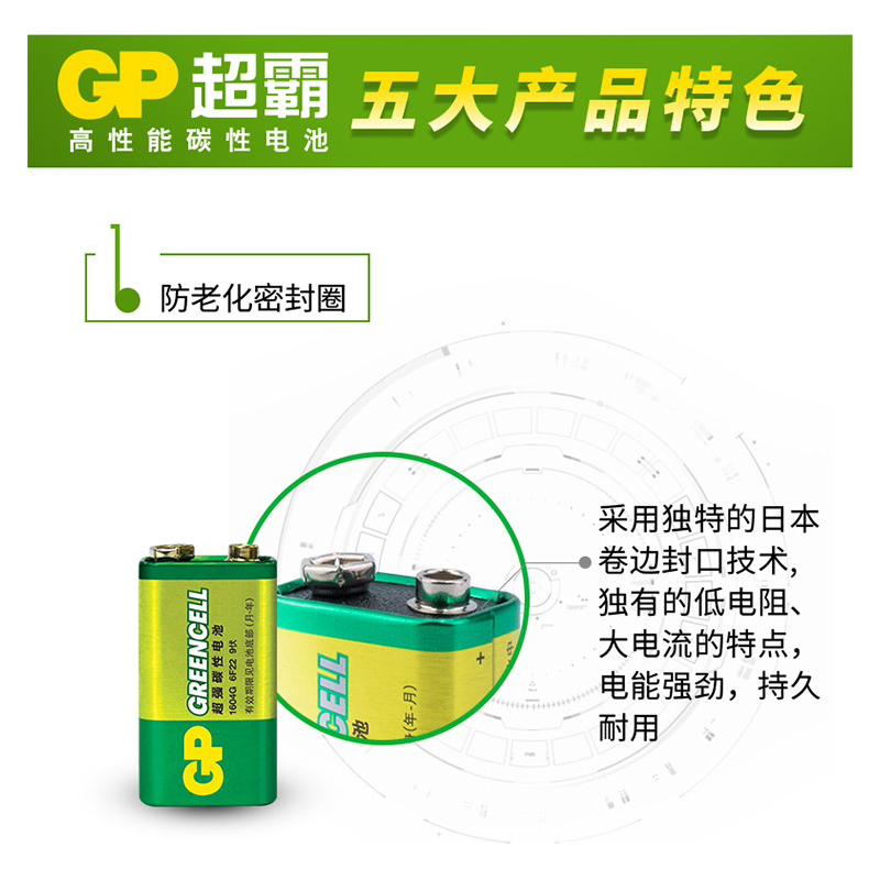 GP超霸9V电池6F22方块碳性电池1604G万能万用表报警器玩具遥控器叠层方形烟雾报警器话筒麦克风通用型正品 - 图1