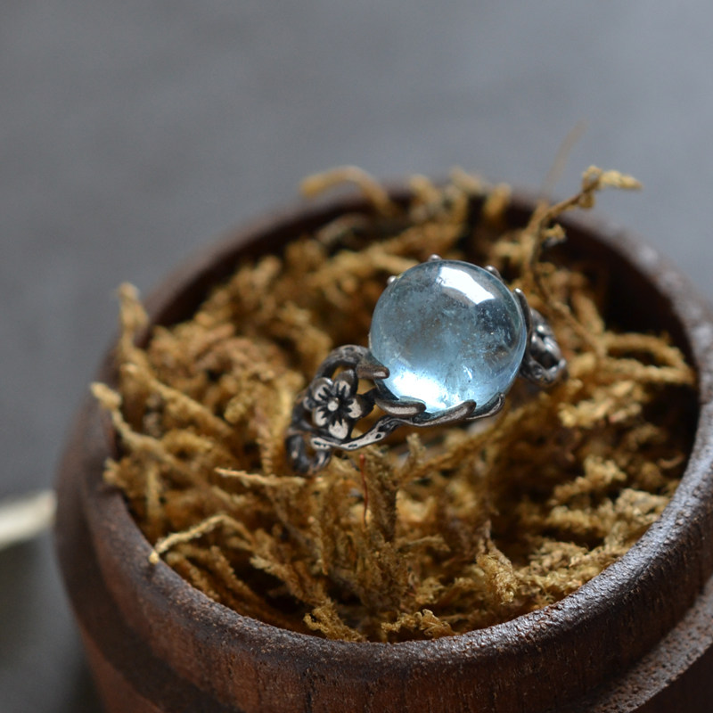 Retro S925 silver aquamarine flower ring for women
