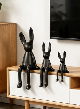 简约现代长耳朵坐姿兔子陶瓷摆件客厅桌面装饰品酒店黑色家居饰品