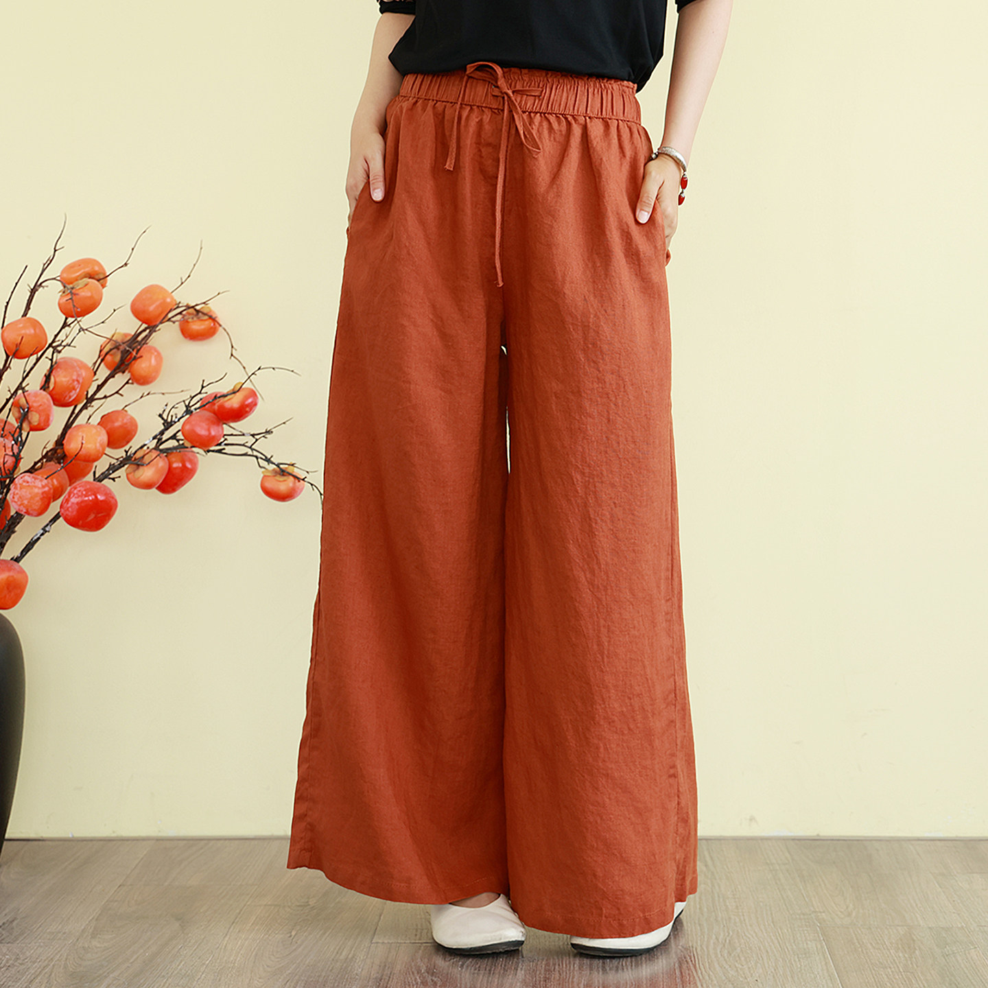 文艺休闲纯色亚麻阔腿裤女夏春款宽松时尚百搭松紧腰休闲裤长裤子,淘宝优惠券,粉丝福利购,淘宝优惠卷