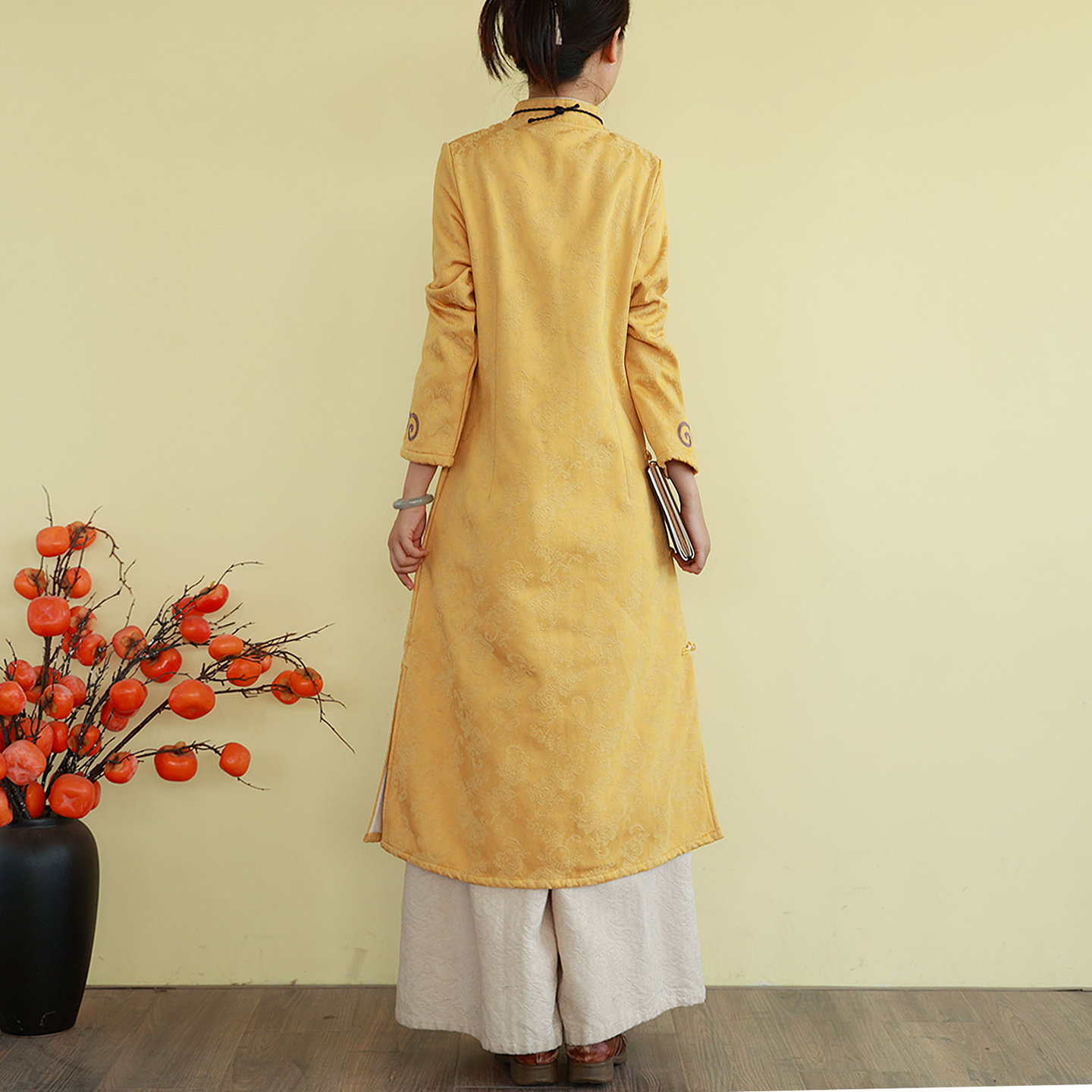 复古民族风棉麻加绒连衣裙冬季长款立领刺绣改良旗袍裙显瘦长裙子