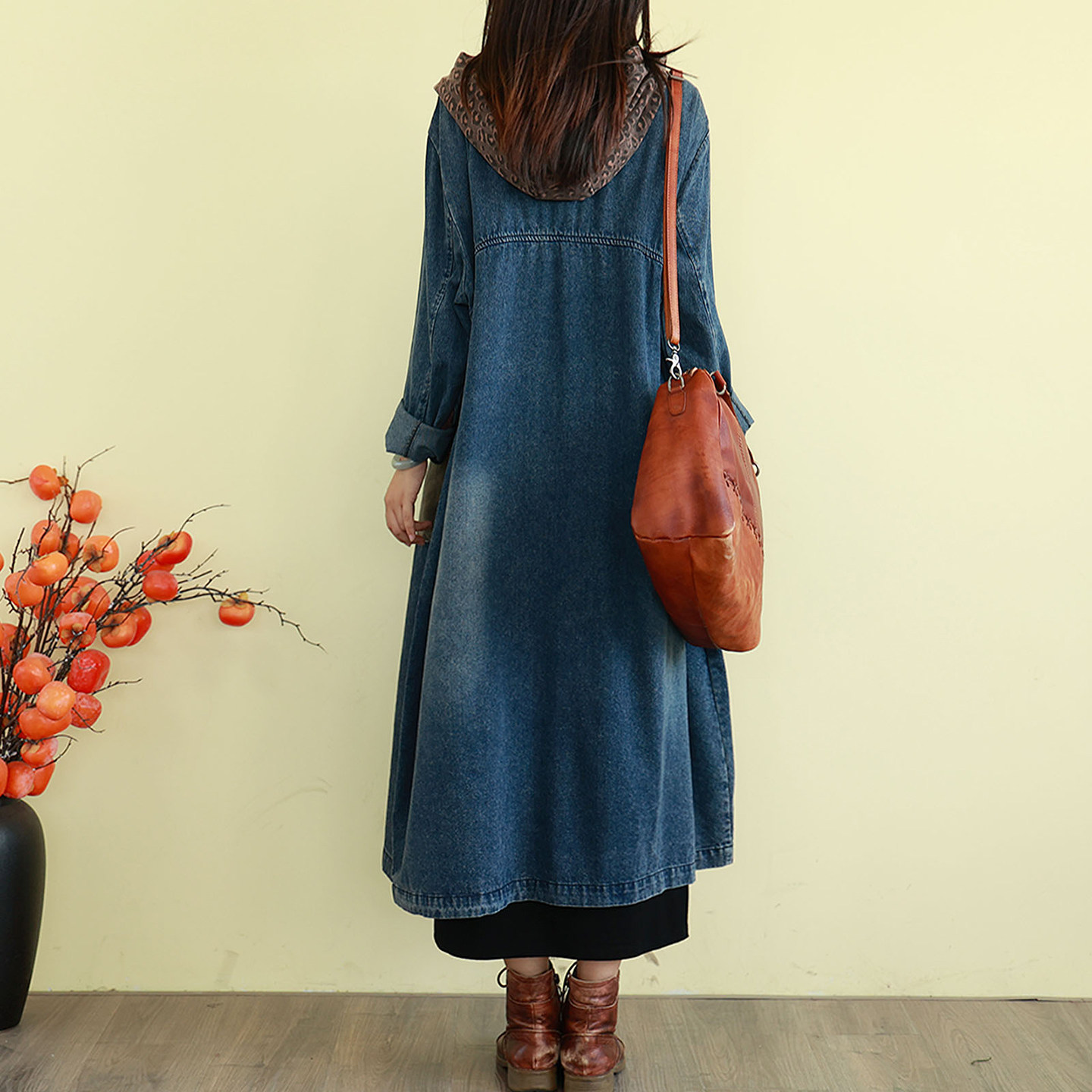 复古文艺连帽牛仔风衣外套女式春季长款过膝拼接豹纹褂子宽松森系,淘宝优惠券,粉丝福利购,淘宝优惠卷