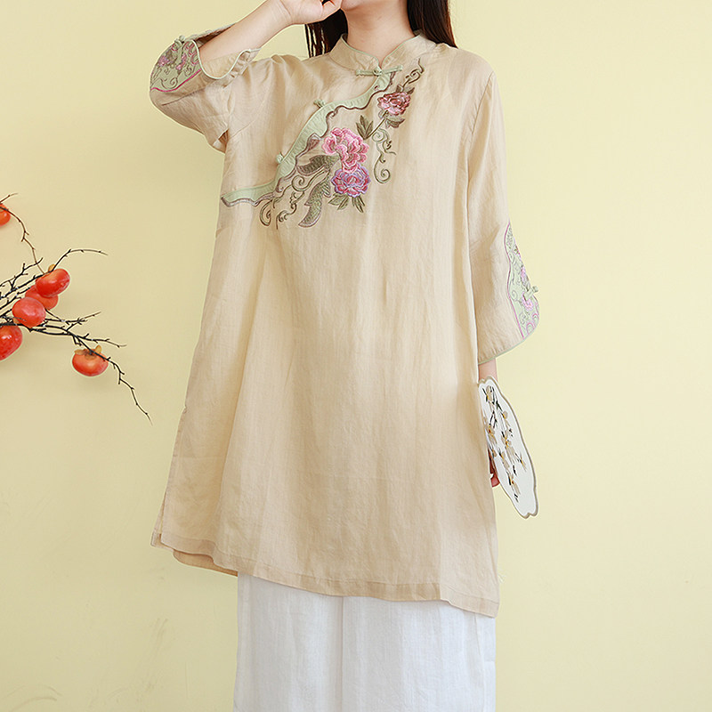 复古民国风纯苎麻刺绣衬衫女装春夏季中长款立领上衣宽松禅意茶服